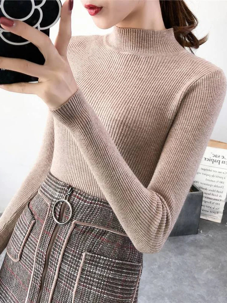 Mock Neck Women Sweater Vintage Basic