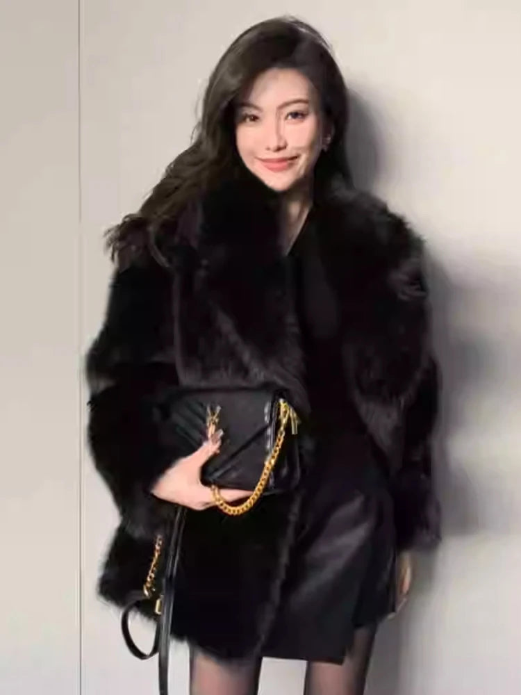 l Luxury Soft Thick Warm Hairy Faux Fox Fur Coat Women