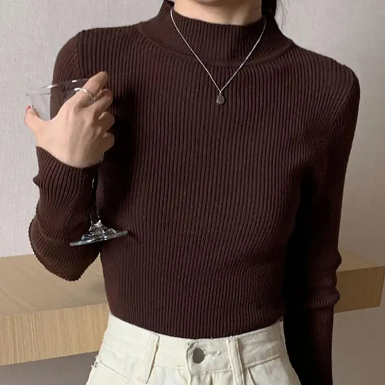 Mock Neck Women Sweater Vintage Basic