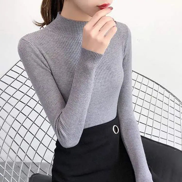 Mock Neck Women Sweater Vintage Basic