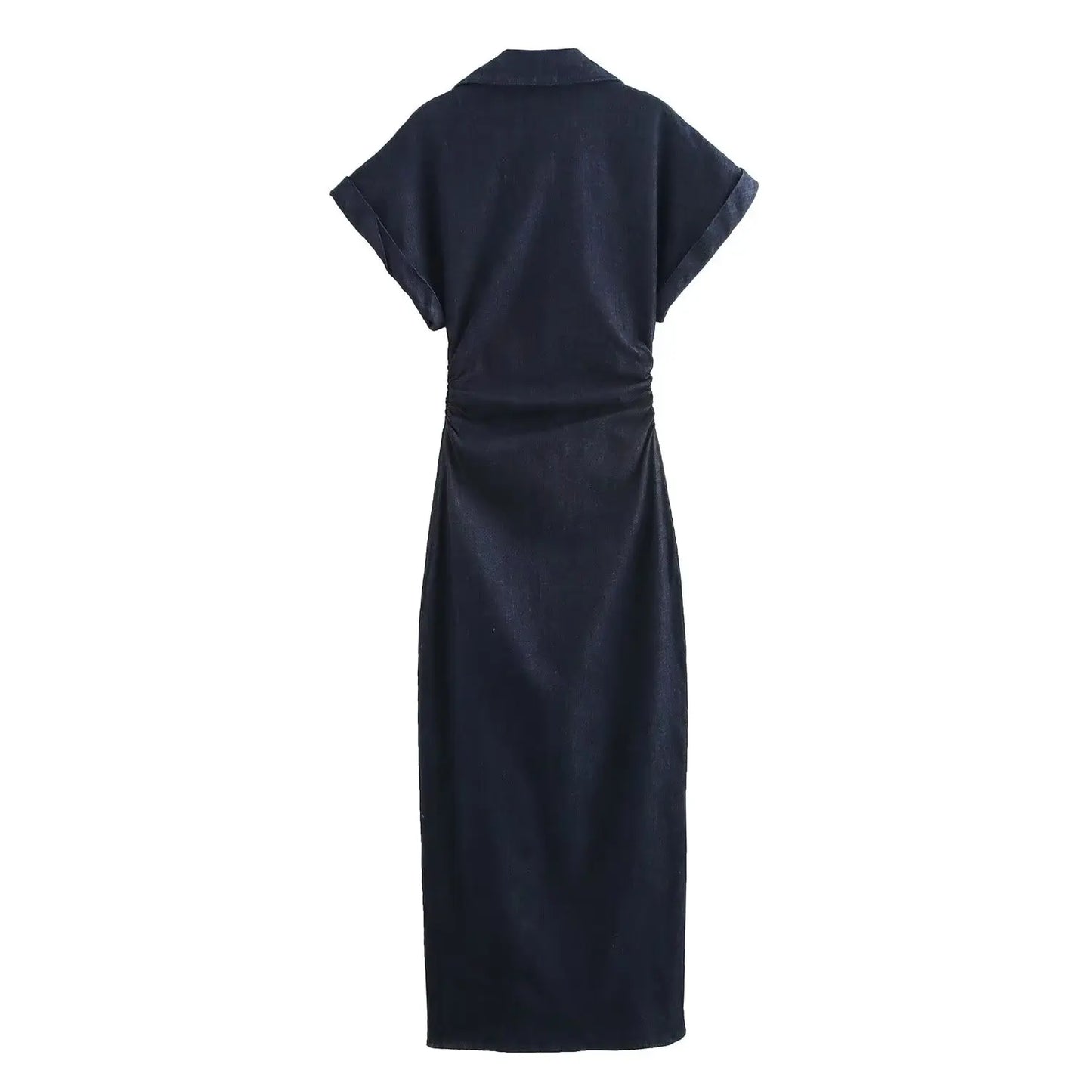 series denim MIDI dress with lapel side zipper fashion wrinkle waist slim elegant dress