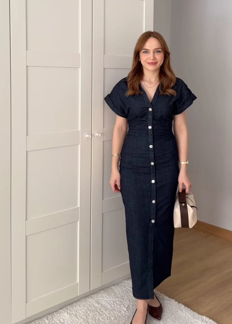 series denim MIDI dress with lapel side zipper fashion wrinkle waist slim elegant dress