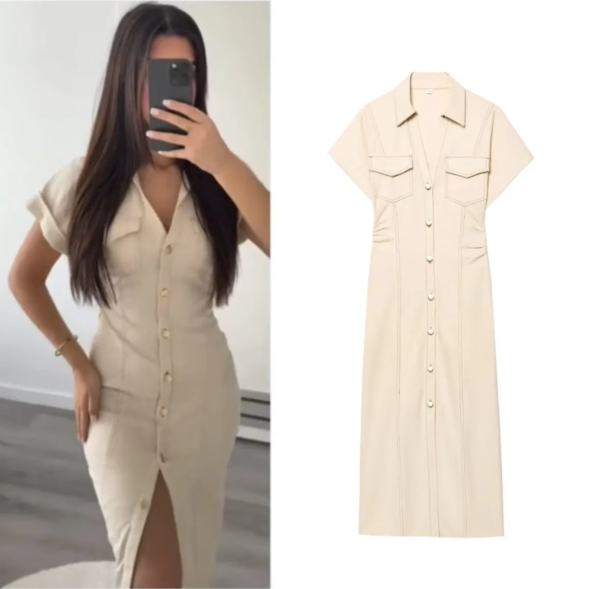 series denim MIDI dress with lapel side zipper fashion wrinkle waist slim elegant dress