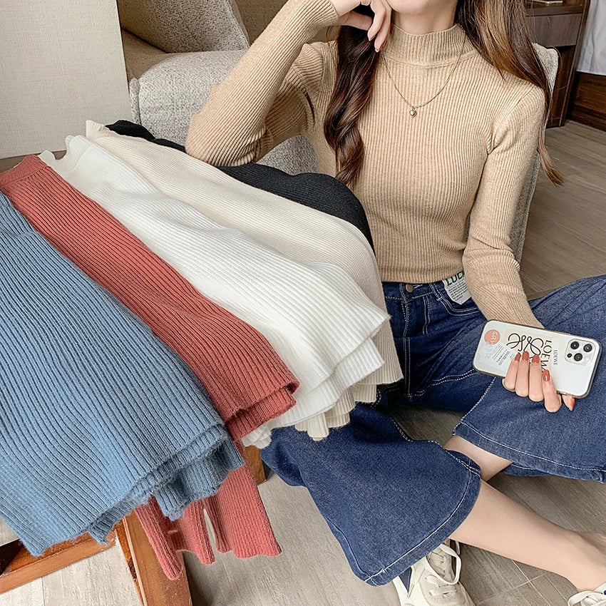 Mock Neck Women Sweater Vintage Basic
