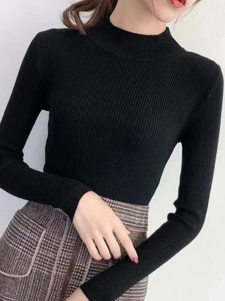 Mock Neck Women Sweater Vintage Basic