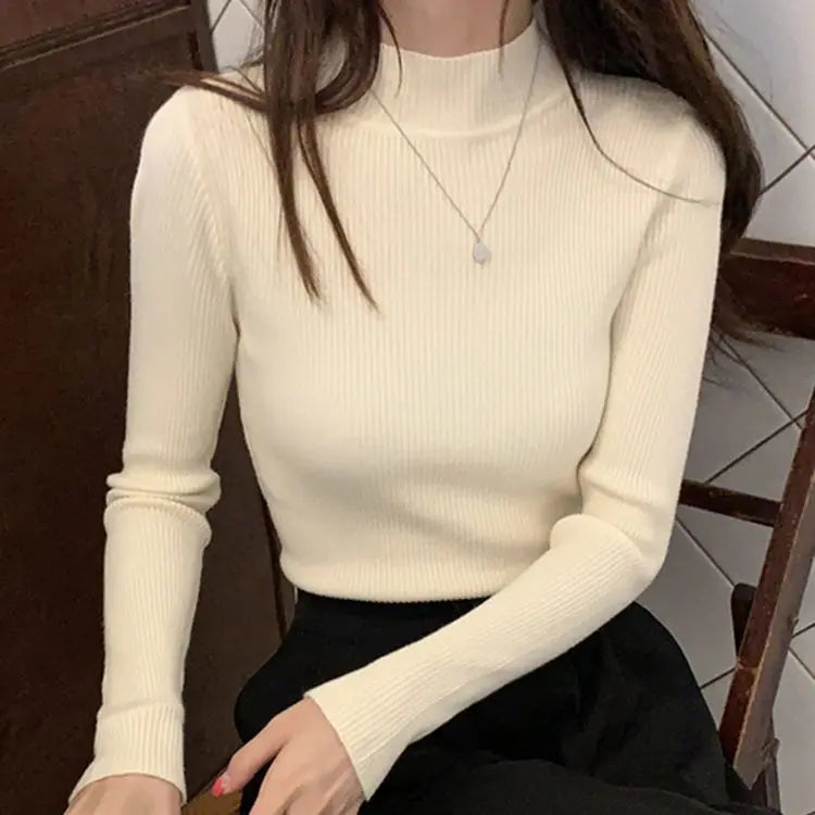 Mock Neck Women Sweater Vintage Basic