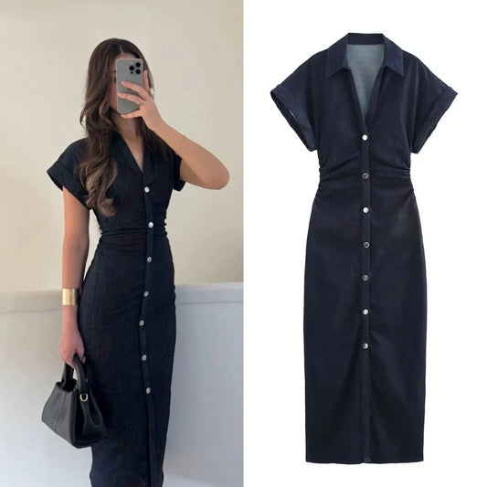 series denim MIDI dress with lapel side zipper fashion wrinkle waist slim elegant dress