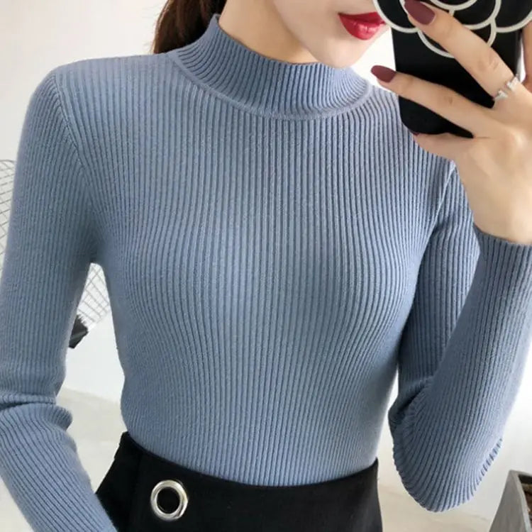 Mock Neck Women Sweater Vintage Basic