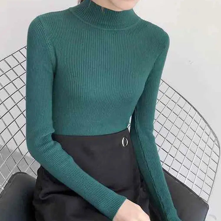Mock Neck Women Sweater Vintage Basic