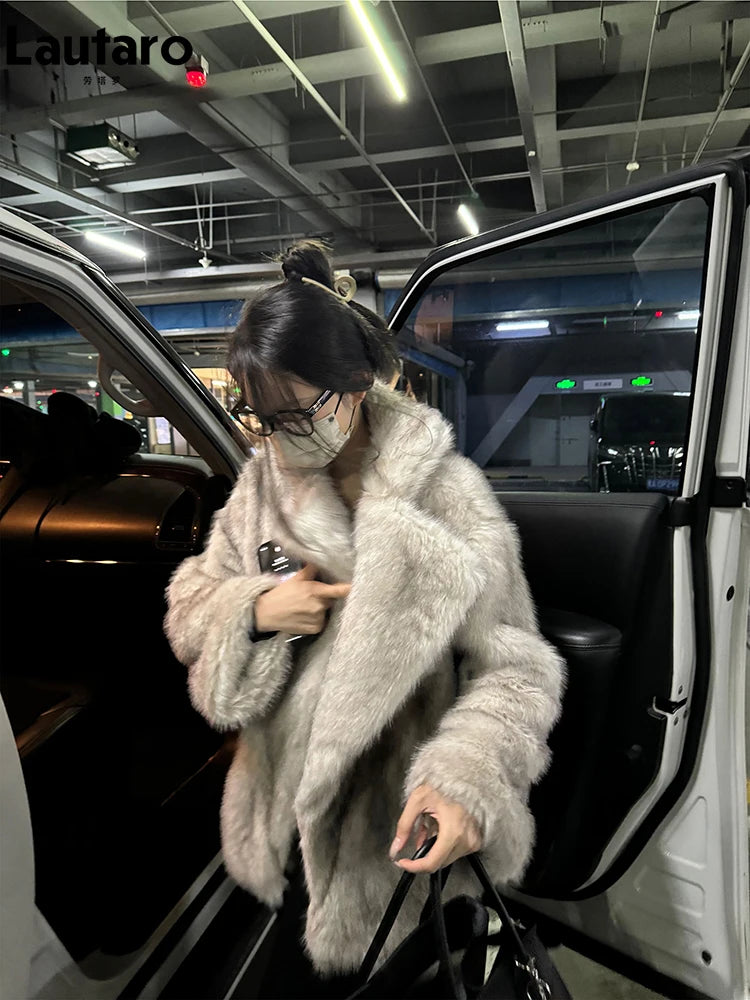 l Luxury Soft Thick Warm Hairy Faux Fox Fur Coat Women
