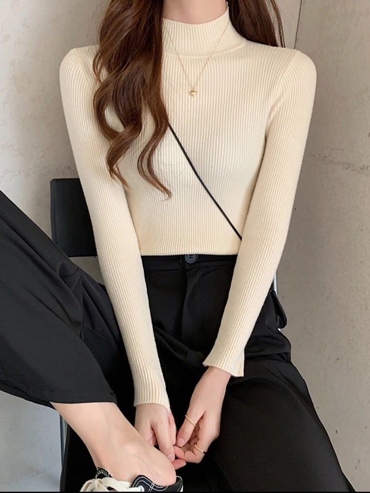 Mock Neck Women Sweater Vintage Basic