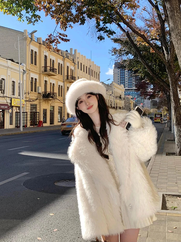 l Luxury Soft Thick Warm Hairy Faux Fox Fur Coat Women