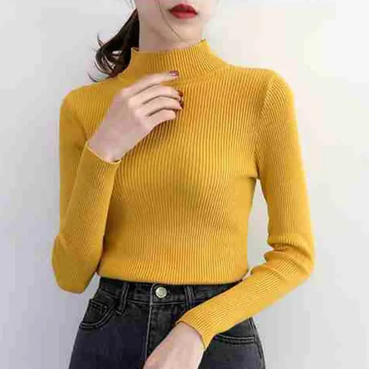 Mock Neck Women Sweater Vintage Basic