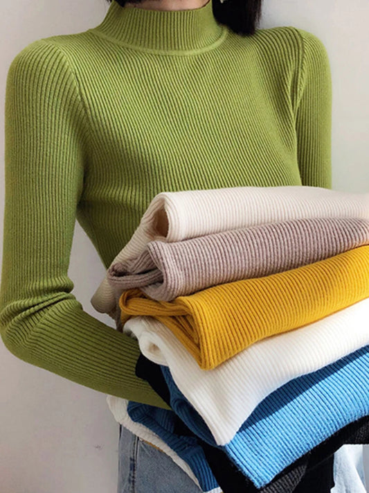 Mock Neck Women Sweater Vintage Basic