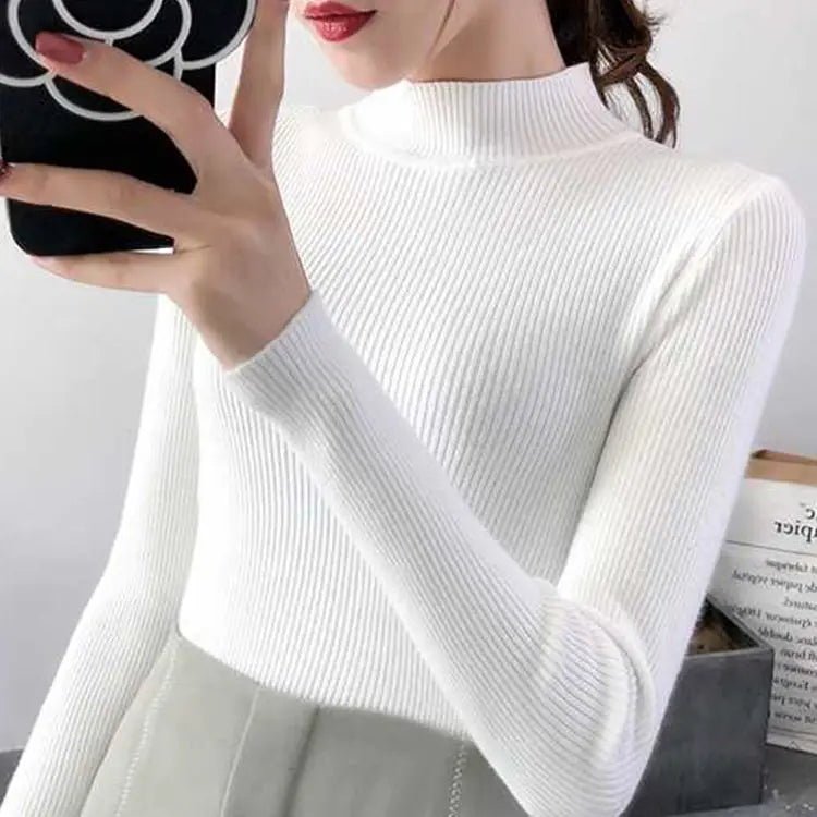 Mock Neck Women Sweater Vintage Basic