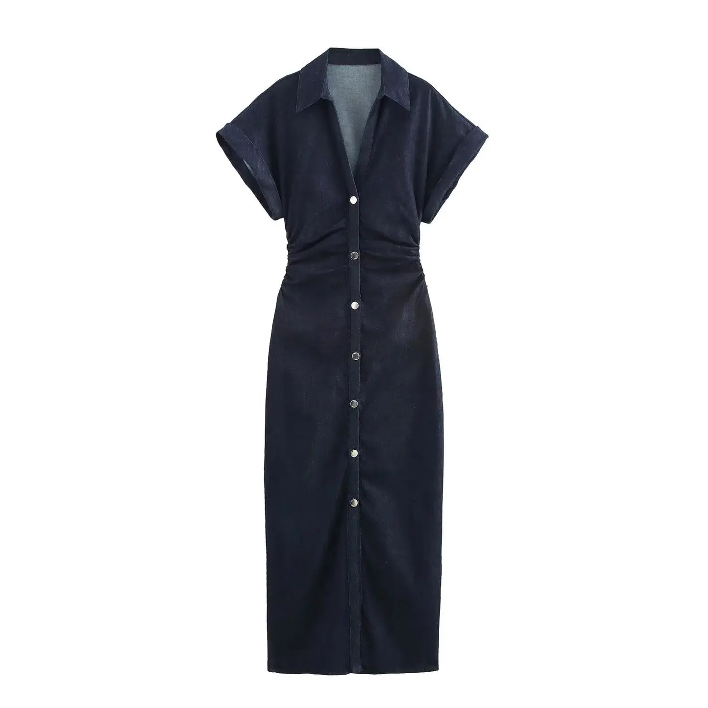 series denim MIDI dress with lapel side zipper fashion wrinkle waist slim elegant dress