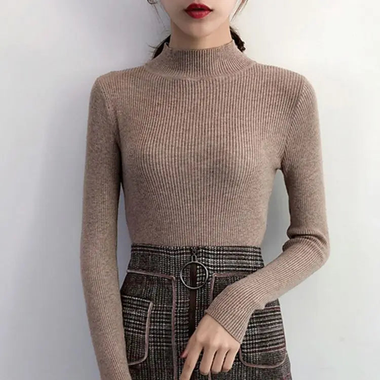 Mock Neck Women Sweater Vintage Basic
