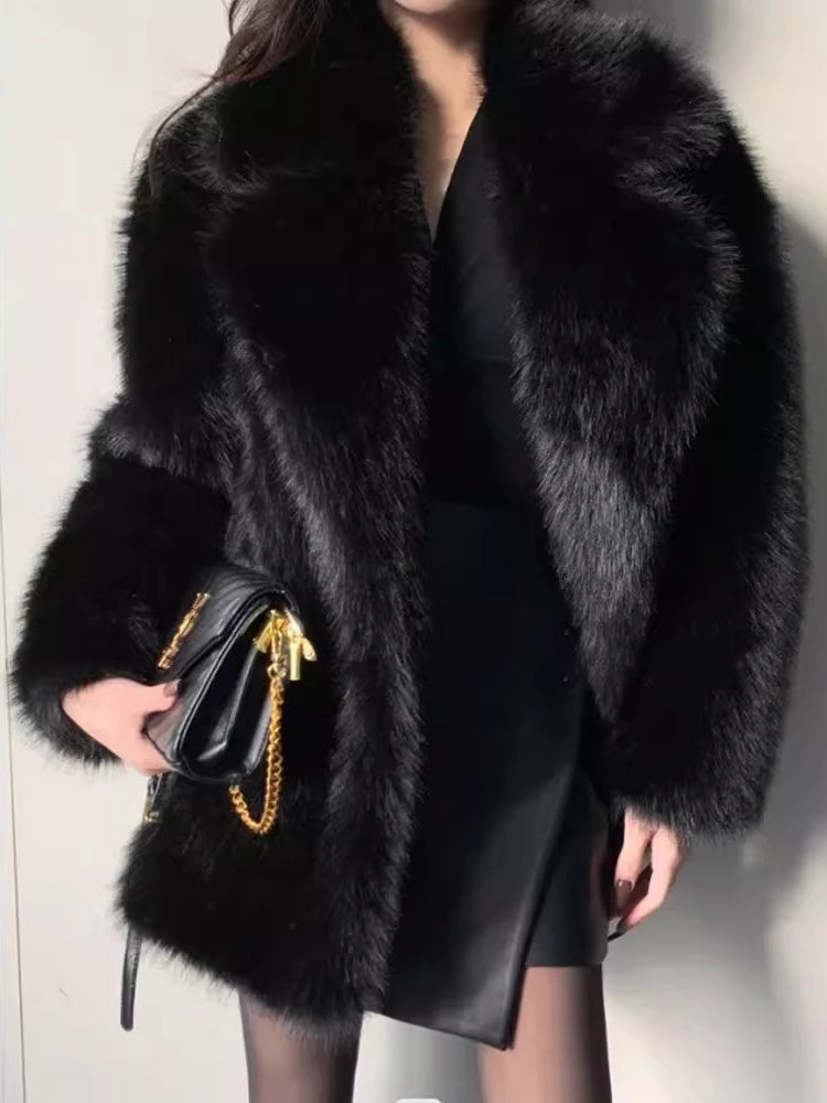 l Luxury Soft Thick Warm Hairy Faux Fox Fur Coat Women
