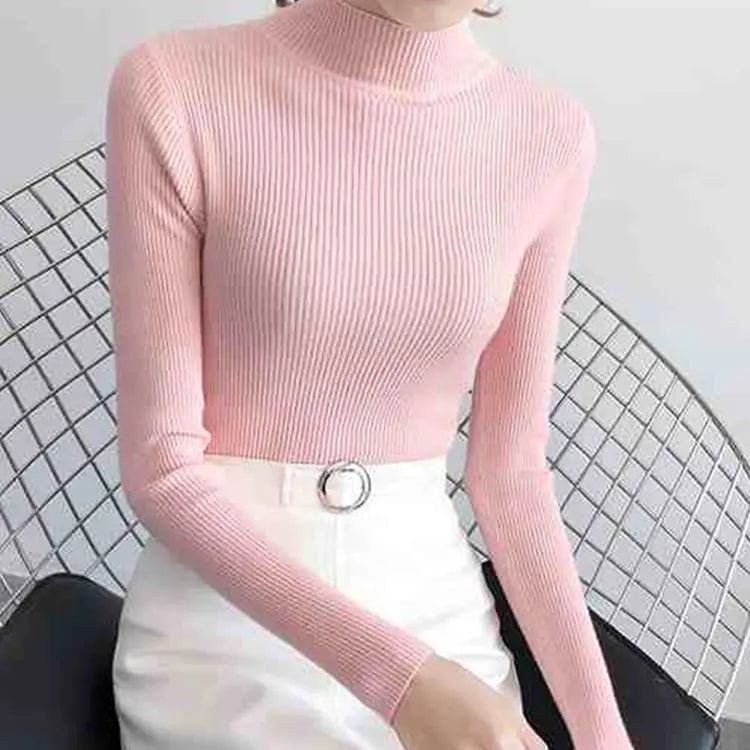Mock Neck Women Sweater Vintage Basic