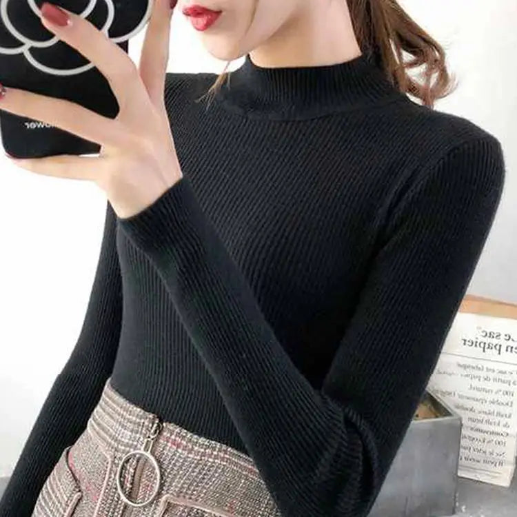 Mock Neck Women Sweater Vintage Basic