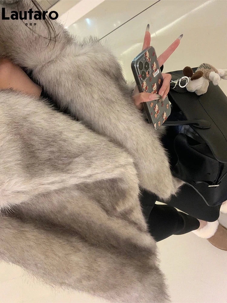 l Luxury Soft Thick Warm Hairy Faux Fox Fur Coat Women